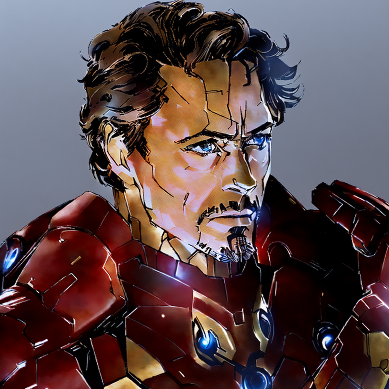 yoshin style, Robert Downey Jr as Iron Man, mecha suit, by Yoji Shinkawa